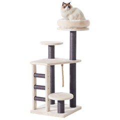 "Kratzbaum DONACO für Katzen mit mehreren Ebenen, gepolsterter Liegefläche und Sisal umwickelten Pfosten."