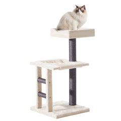 "Kratzbaum NEGULO für Katzen mit quadratischer Basis, zwei Plattformen und weichem, hellem Material."