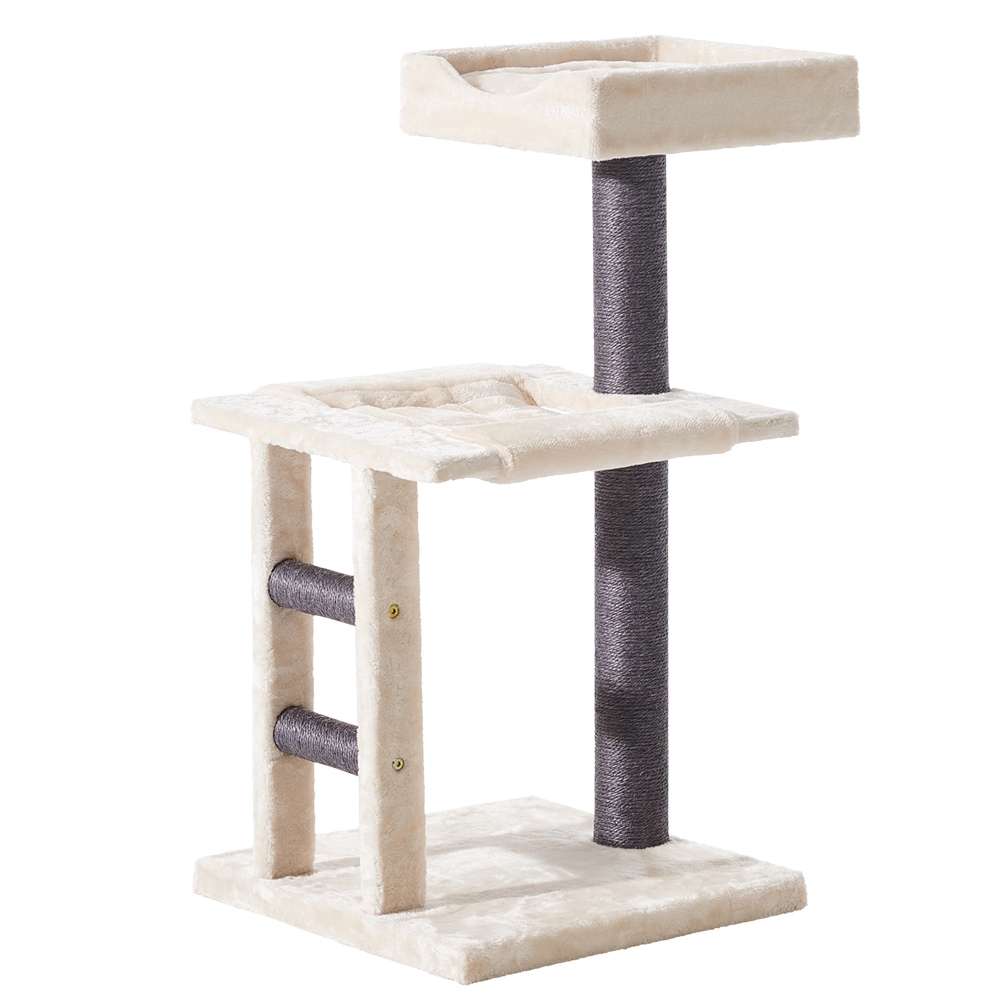 Kratzbaum "Negulo" in neutralen Farben mit stabilen Sockel, zwei Plattformen und texturierter Säule für Katzen.