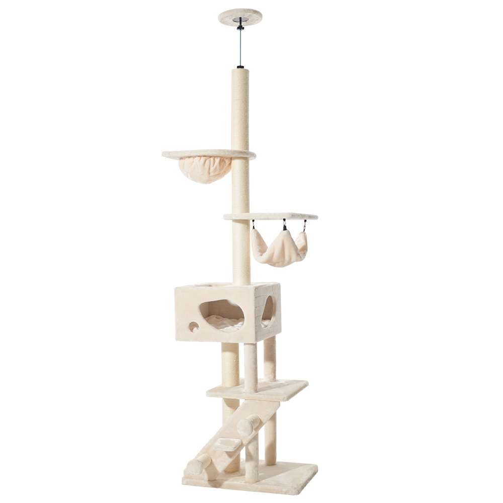 Hochwertiger Kratzbaum "Sivas" mit mehreren Ebenen, gemütlicher Höhle, Hängematte und weichen, beige Kratzflächen.