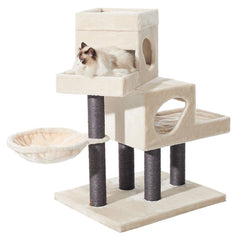 Beiger Kratzbaum TARSUS mit mehreren Ebenen, auf dem eine Katze entspannt liegt. Ideal für Katzenfreunde.