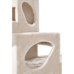 Beige Katzenkratzbaum TARSUS mit mehreren Plattformen und runden Eingängen für optimalen Spiel- und Ruheplatz für Katzen.