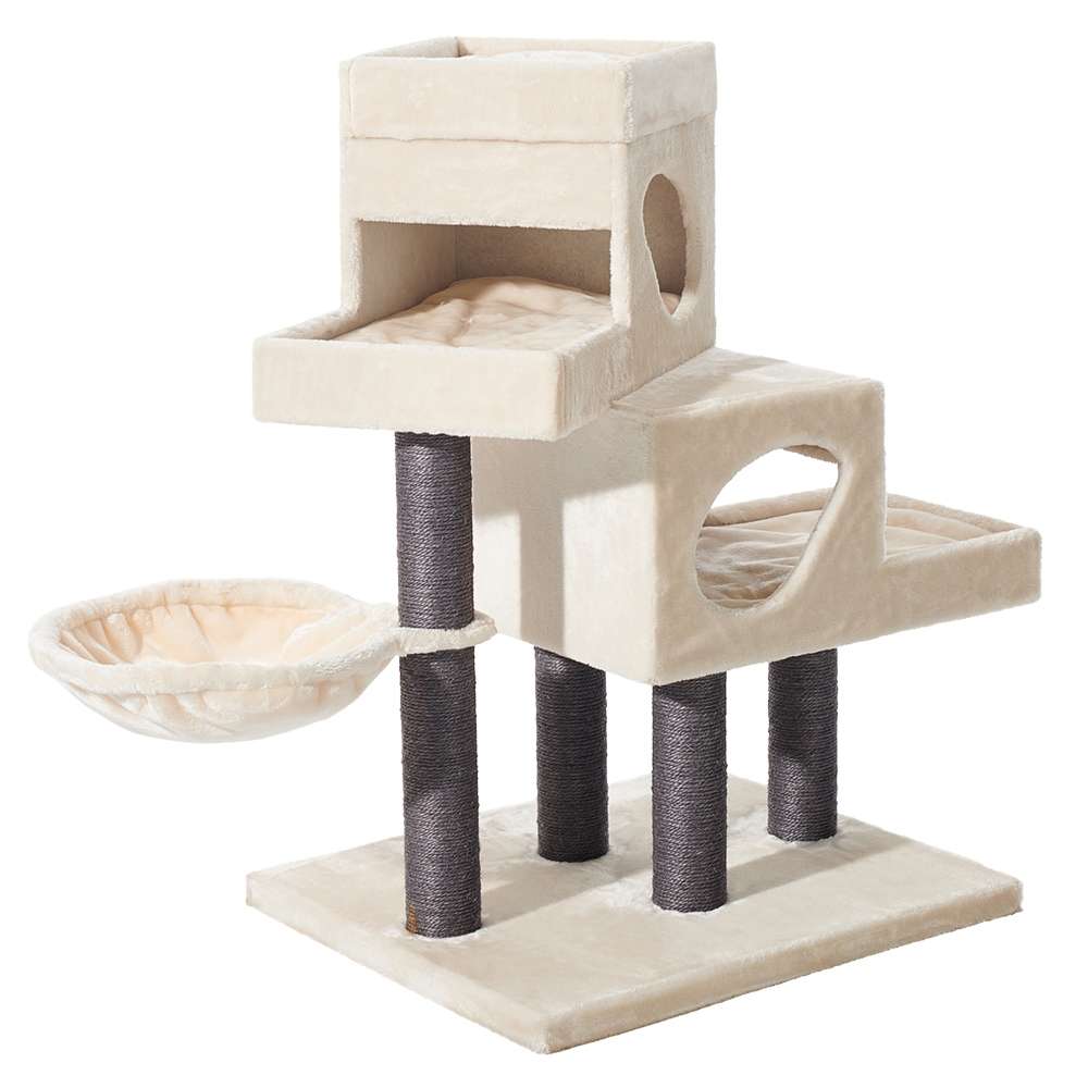 Beiger Kratzbaum "Tarsus" für Katzen mit mehreren Ebenen, Häuschen und Schaukel aus weichem Material.