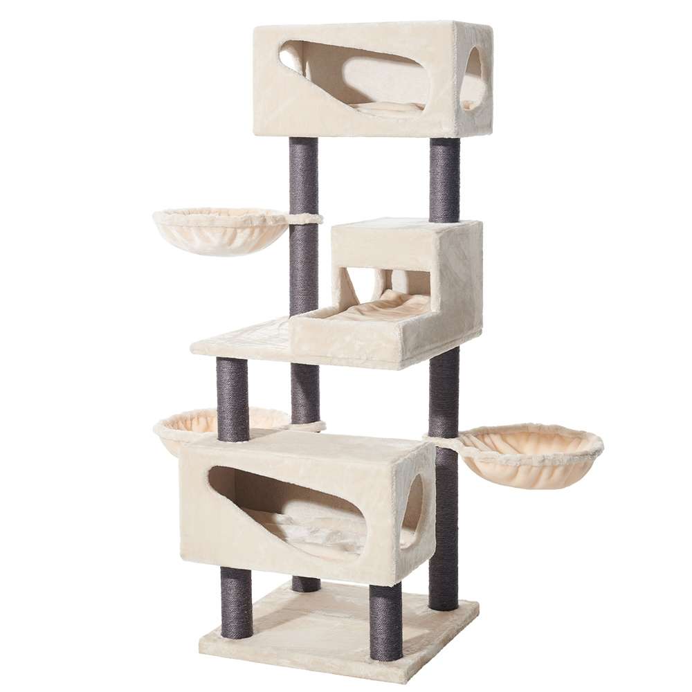 "Mehrstöckiger Kratzbaum 'Corlu' für Katzen mit Spiel- und Ruheplätzen aus weichem, hellem Material."