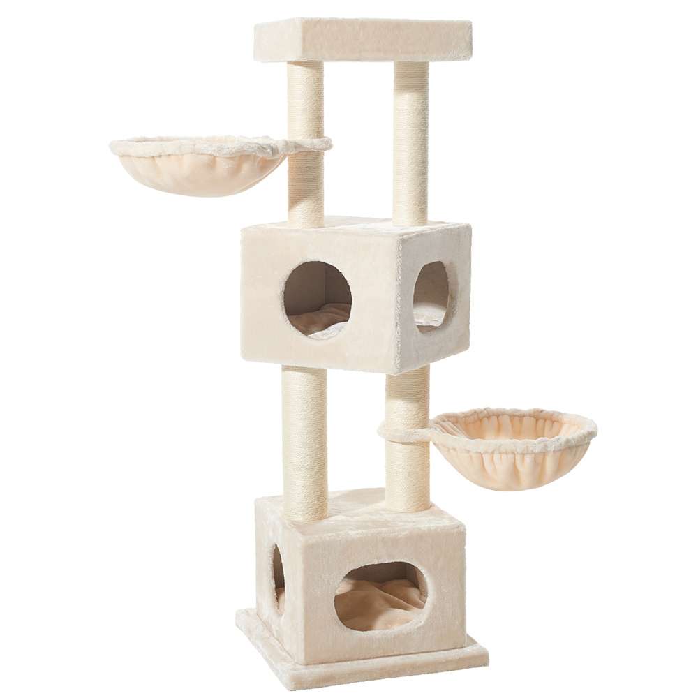 "Heller beige Kratzbaum für Katzen mit Plattformen, Höhlen und Hängeschalen, ideal zum Spielen und Entspannen."