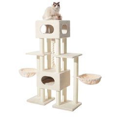 "Kratzbaum USAK aus hellem Material mit Plattformen und Liegeflächen, oben sitzt eine Katze."