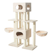 "Usak Kratzbaum in hellen Farbtönen mit mehreren Plattformen, Röhren und hängenden Körbchen für Katzen."