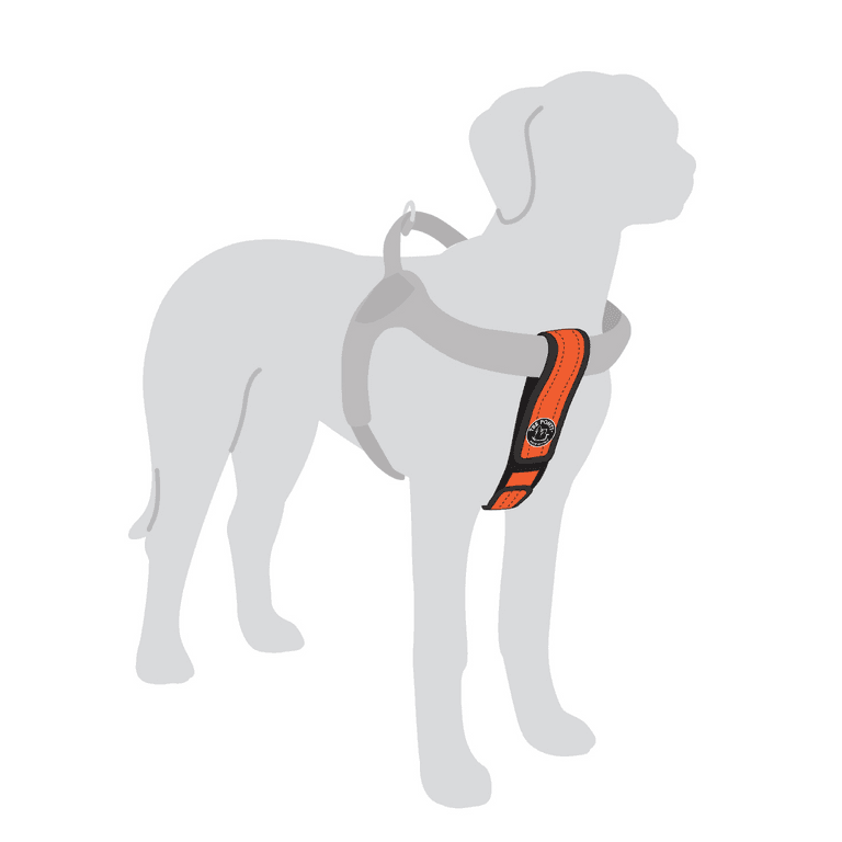 Schematische Darstellung eines ergonomischen Hundegeschirrs in Orange und Schwarz mit gepolsterten Bereichen.