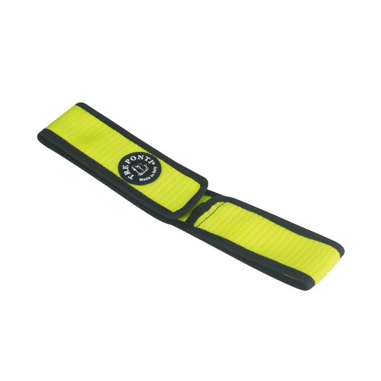 Gelbes reflektierendes Armband mit schwarzem Rand und Klettverschluss für optimalen Tragekomfort und Sicherheit.