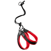 "Rote und schwarze verstellbare Hundeleinen aus strapazierfähigem Material mit geschwungener Form und Befestigungsschlaufe."
