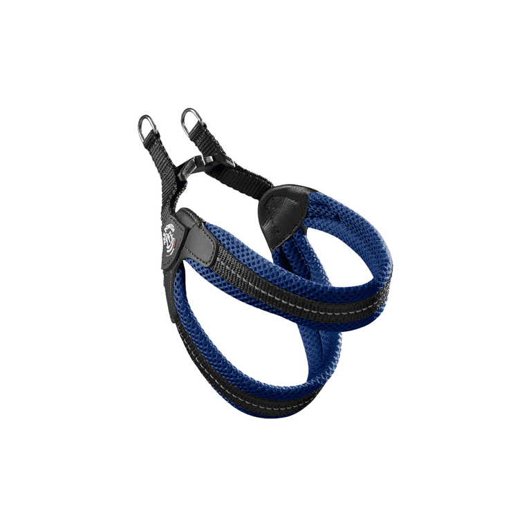 "Bequemes Hundegeschirr in Blau und Schwarz aus luftdurchlässigem Material mit Halteringen und gepolstertem Griff."