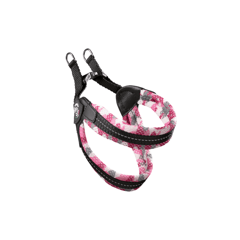 Buntes Hundegeschirr aus geflochtenem Material in Rosa, Grau und Schwarz mit Haltegriffen und D-Ringen für optimalen Komfort.