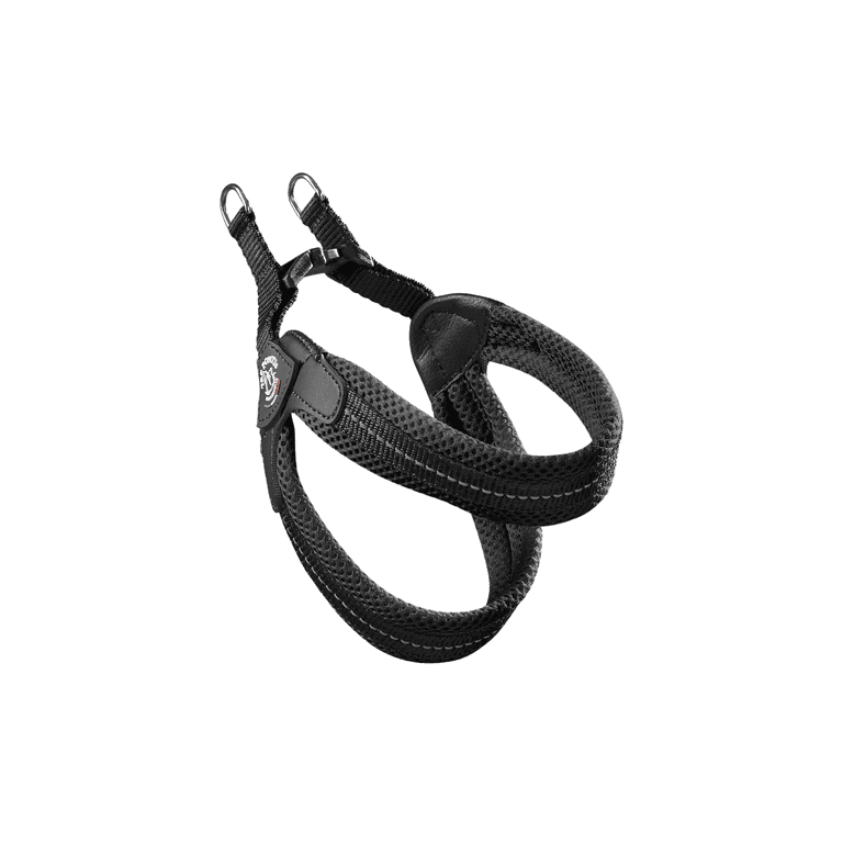 Schwarzes Hundegeschirr mit gepolsterten Gurten, ergonomischem Design und zwei Metallringen für optimalen Komfort und Sicherheit.