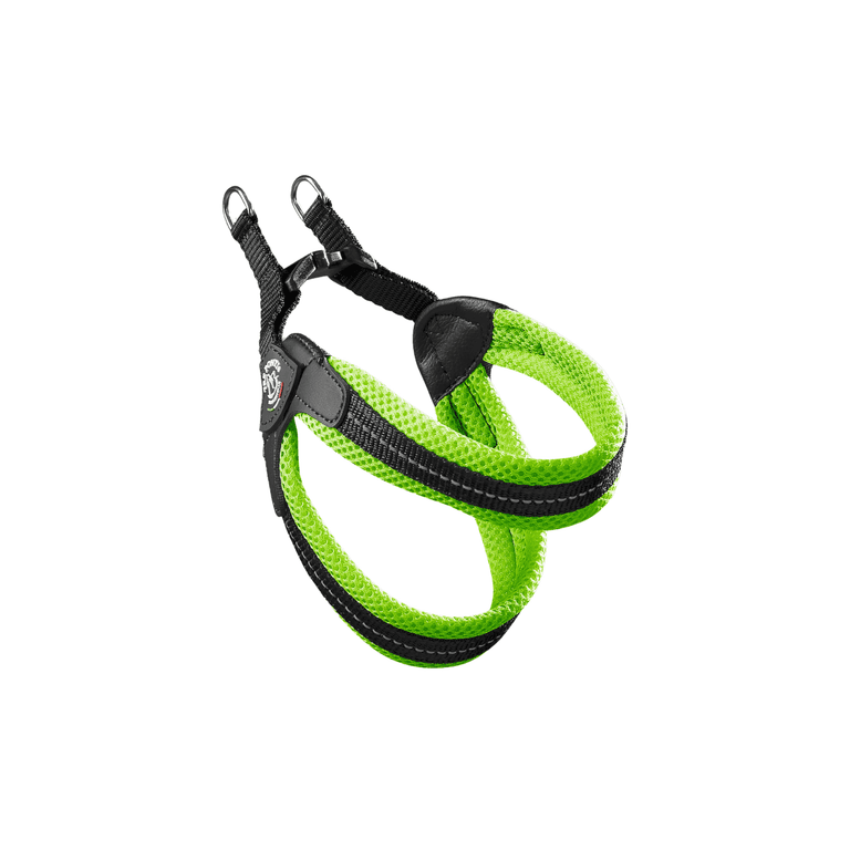 Hundegeschirr "Easy Fit Click Mesh" in leuchtendem Grün mit Netzdesign und zwei Haltegriffen für zusätzlichen Komfort.