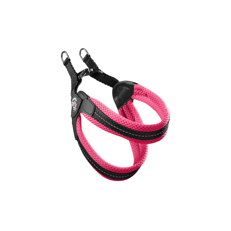 Rosa Hundegeschirr aus Mesh mit verstellbaren Riemen und D-Ringen, gepolstert für optimalen Komfort.
