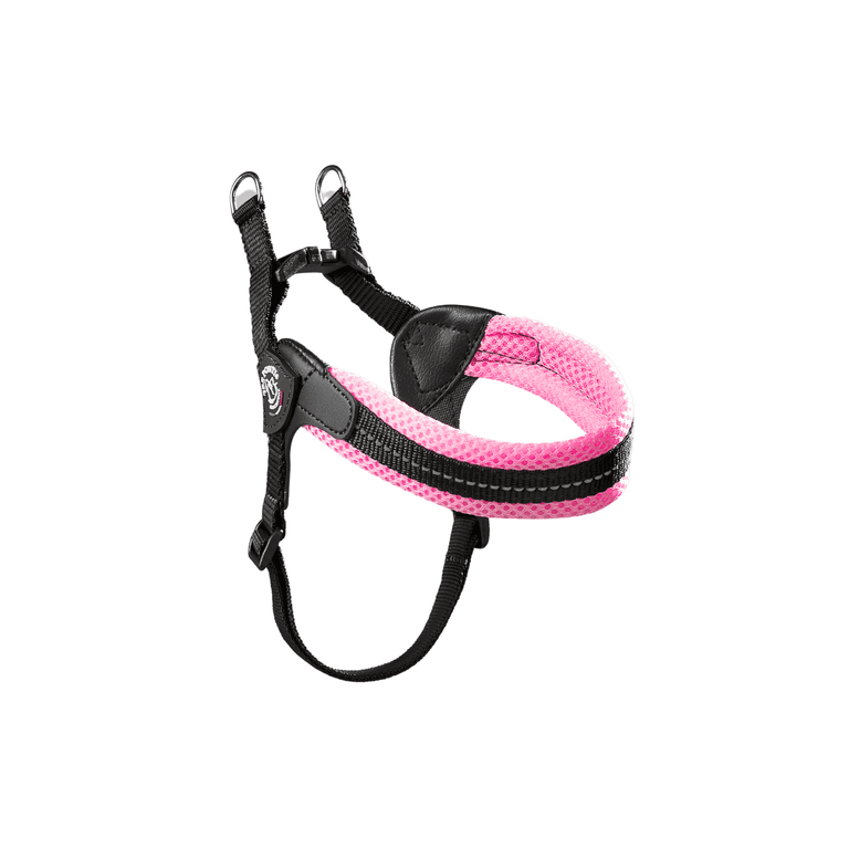 Pinkes Hundegeschirr aus atmungsaktivem Material mit D-Ringen und verstellbaren Gurten für optimalen Komfort.