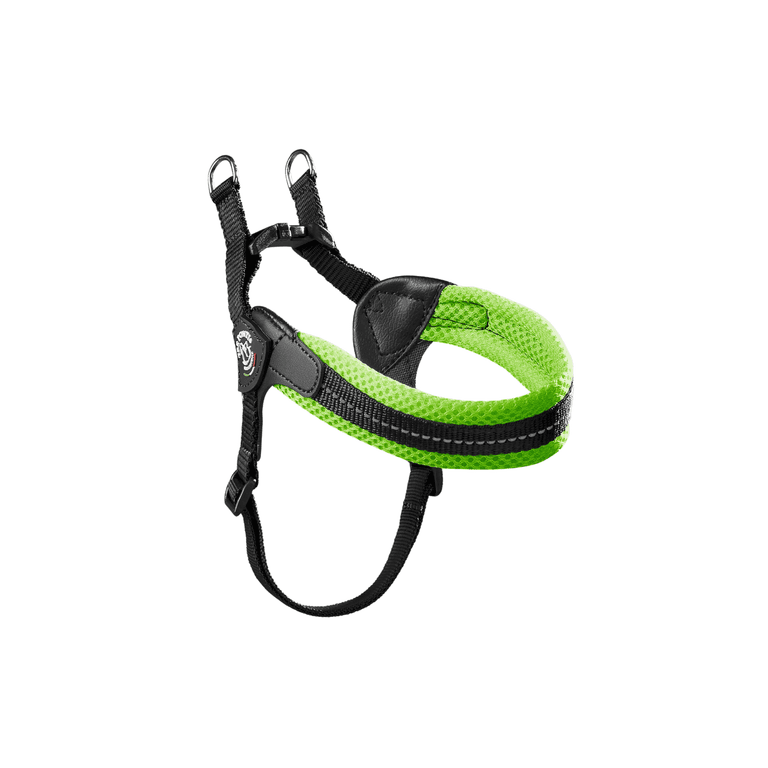 "Ergonomisches Hundegeschirr in leuchtendem Grün mit gepolsterter Oberfläche und zwei Leinenaufhängungen."