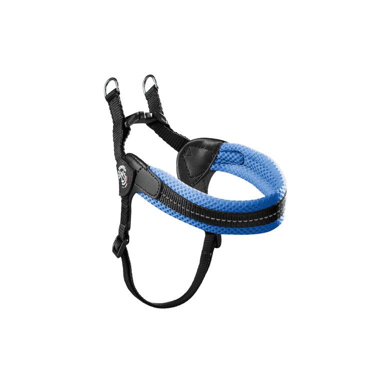 Hundegeschirr in Blau und Schwarz aus atmungsaktivem Mesh mit verstellbaren Riemen und Metallringen für die Leine.