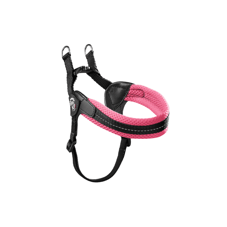 Rosa Hundegeschirr mit verstellbaren Riemen, gepolsterter Brustpartie und Metallringen zur Leinenbefestigung.