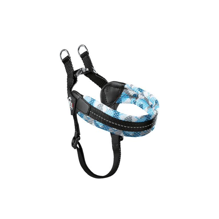 Hundegeschirr in Blau und Grau mit verstellbaren Riemen und D-Ringen für optimale Passform und Komfort.