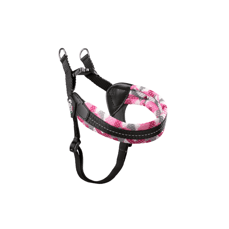 Buntes, geflochtenes Hundegeschirr in Pink und Grau mit D-Ringen und bequemer Passform. Ideal für aktive Hunde.