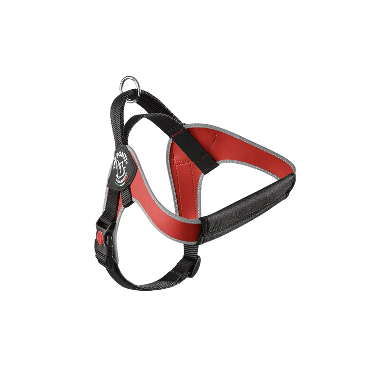 Schwarzes und rotes Hundegeschirr mit gepolsterter Innenseite und verstellbaren Riemen, ideal für Komfort beim Spaziergang.