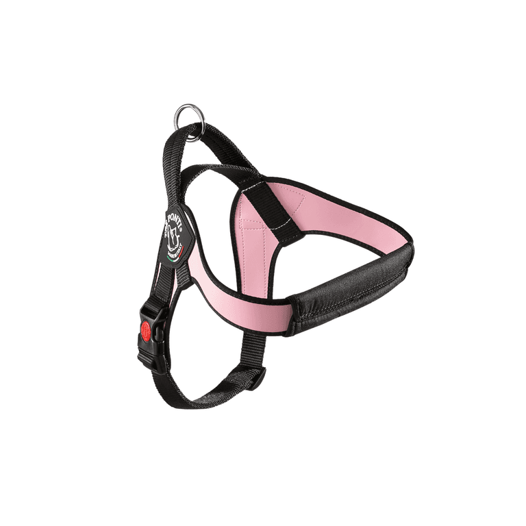 Ergonomisches Hundegeschirr in Rosa und Schwarz mit gepolstertem Innenmaterial und verstellbaren Riemen für optimalen Komfort.