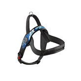 Schwarzes Hundegeschirr mit camouflagemusterndem blauen Einsatz, gepolstert für Komfort, mit D-Ring zur Leinenbefestigung.