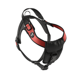 Schwarzes und rotes Hundegeschirr aus robustem Material mit verstellbaren Gurten und gepolsterten Bereichen für hohen Komfort.