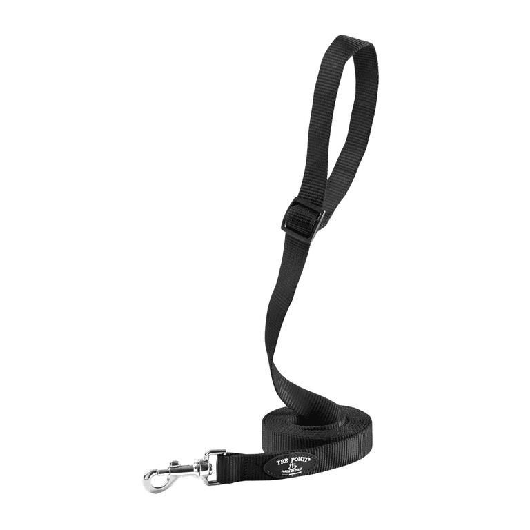 Schwarze, strapazierfähige Hundeleine aus Nylon mit stabilem Handgriff und robustem Karabinerhaken zur Befestigung.
