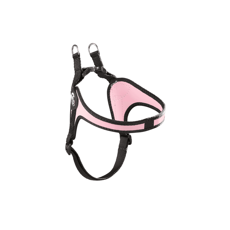 Schwarzes Hundegeschirr mit pinken Akzenten, ergonomisch gestaltet und mit verstellbaren Riemen für optimalen Komfort.