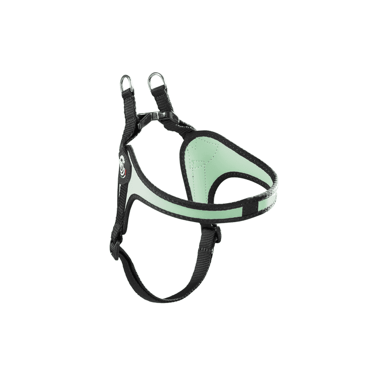 Ergonomisches Hundegeschirr in mintgrün und schwarz, mit verstellbaren Riemen und Metallringen für die Leinenbefestigung.