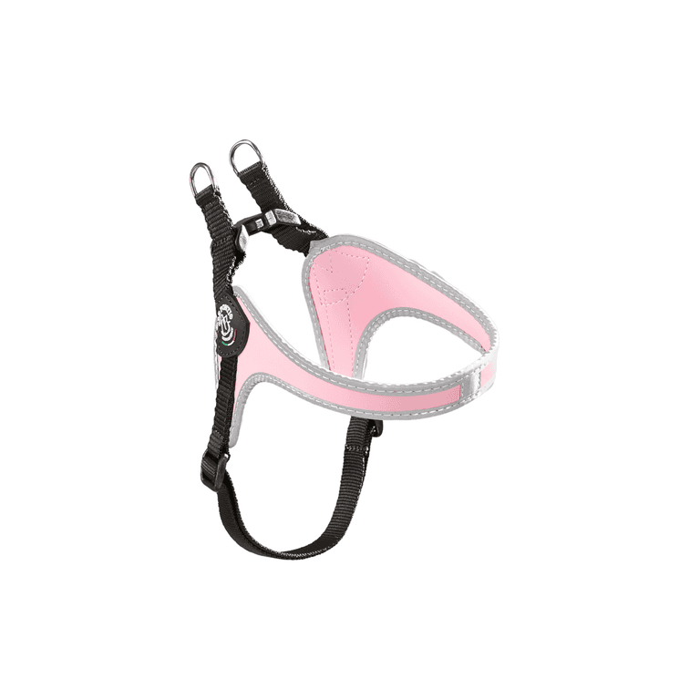 "Verstellbares Hundegeschirr in Rosa und Schwarz mit Polsterung und D-Ringen für optimale Sicherheit und Komfort."