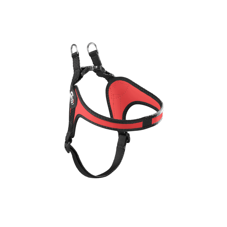 Verstellbares Hundegeschirr in Rot mit schwarzen Details, ergonomisch und gepolstert, ideal für Spaziergänge und Sicherheit.