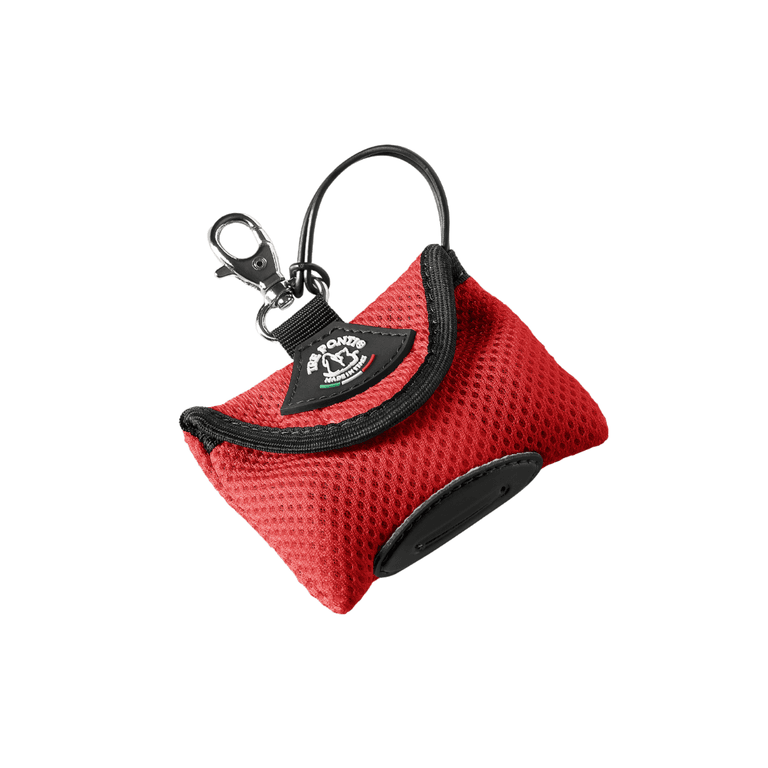 Rote Netz-Tasche mit schwarzem Rand und Karabinerhaken zur Aufbewahrung kleiner Gegenstände. Ideal für unterwegs.