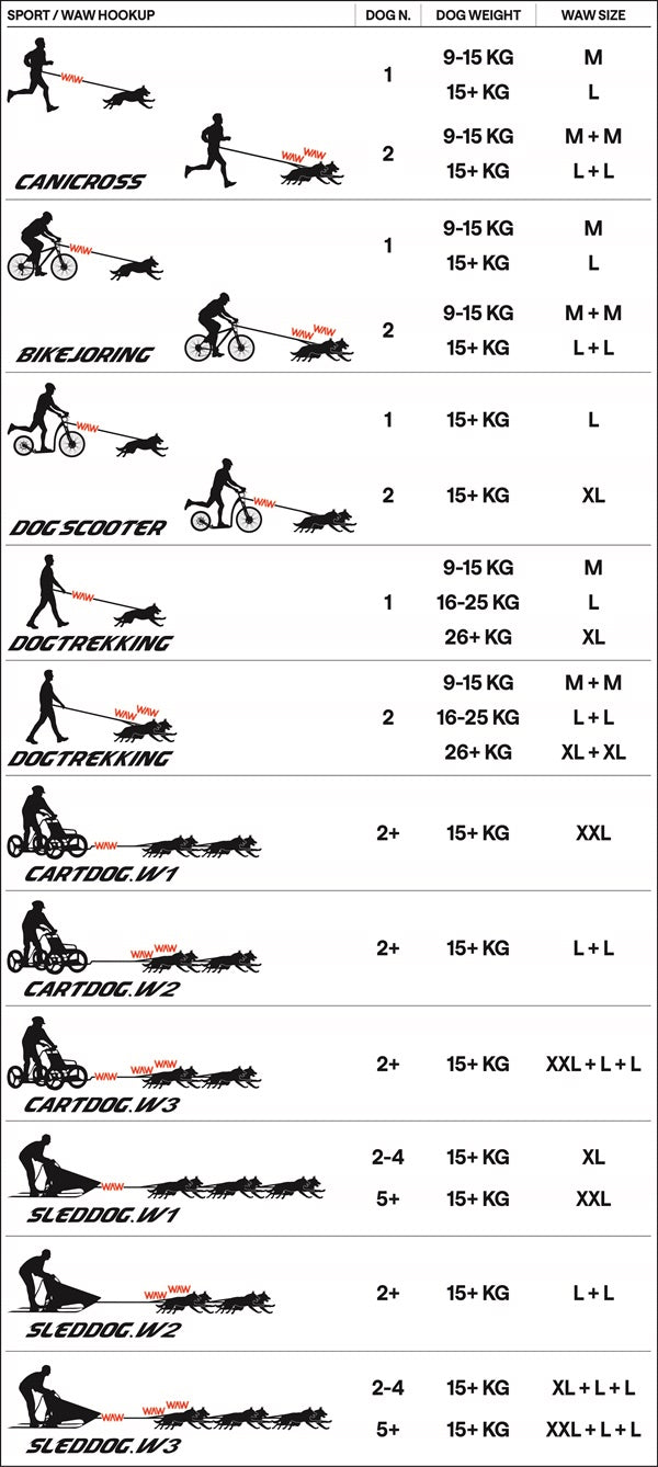 Tabelle mit Sportarten für Hunde: Canicross, Bikejoring mit empfohlenem Gewicht und Größe der Hunde.