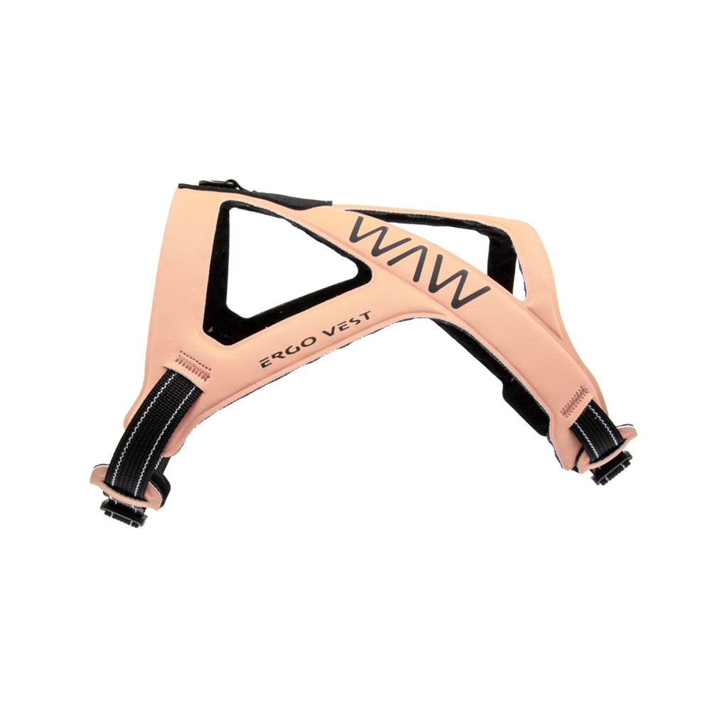 Ergonomische Hundeweste in hellen Farben mit dreieckiger Form und verstellbaren Riemen, beschriftet mit "WAW".
