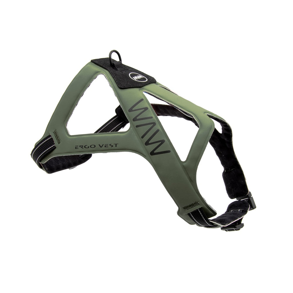 Ergonomisches Hundegeschirr in Olivgrün mit anatomischer Form und verstellbaren Riemen für optimalen Komfort und Halt.
