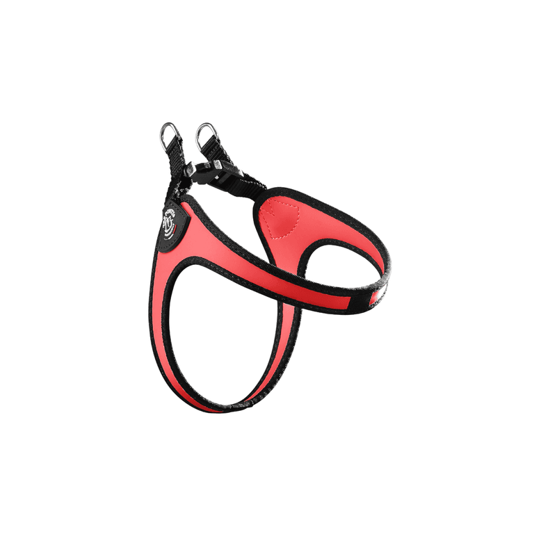 Rotes, ergonomisches Hundegeschirr aus strapazierfähigem Material mit gepolsterten Bereichen und zwei Befestigungshaken.