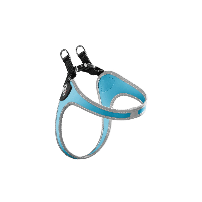 Hellblaues Hundegeschirr mit grauen Nähten, verstellbar und robust, ideal für sichere Ausflüge mit Ihrem Hund.