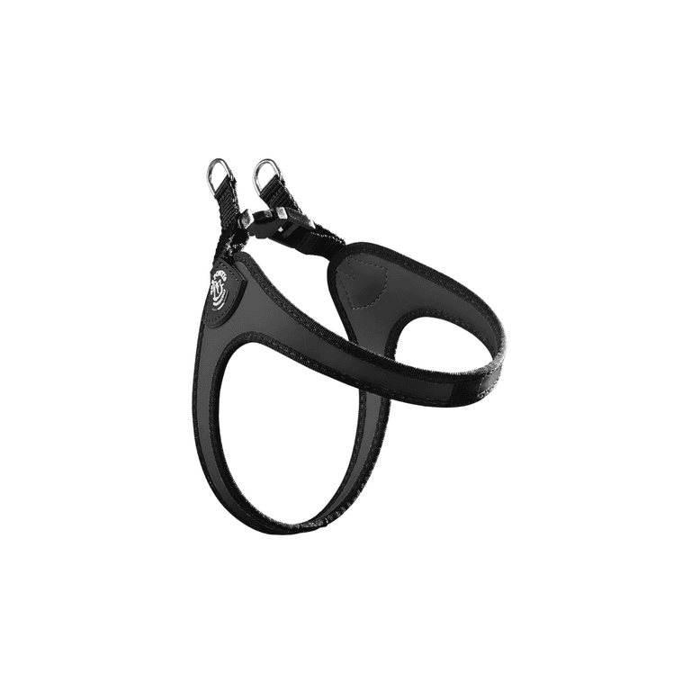 Schwarzes, ergonomisches Hundegeschirr aus robustem Material mit Befestigungsmöglichkeiten für Leinen.