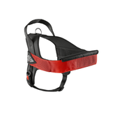Schwarzes und rotes Hundegeschirr mit gepolsterten Bereichen und verstellbaren Riemen für optimalen Komfort.