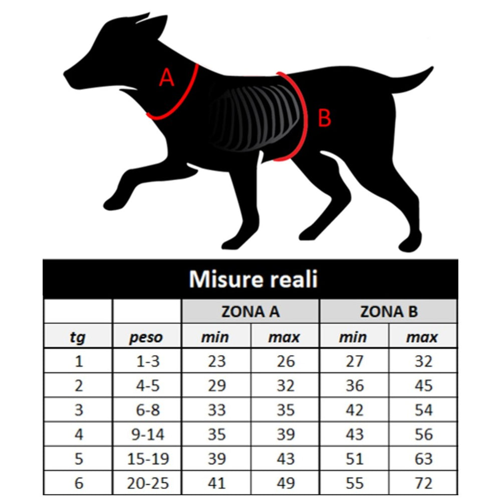 Silhouette eines Hundes mit markierten Messbereichen A und B sowie Größentabelle für ERGO VEST Village Line.