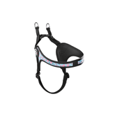 Schwarzes Hundegeschirr mit bunten Mustern, verstellbaren Riemen und D-Ringen für Leinenbefestigung.