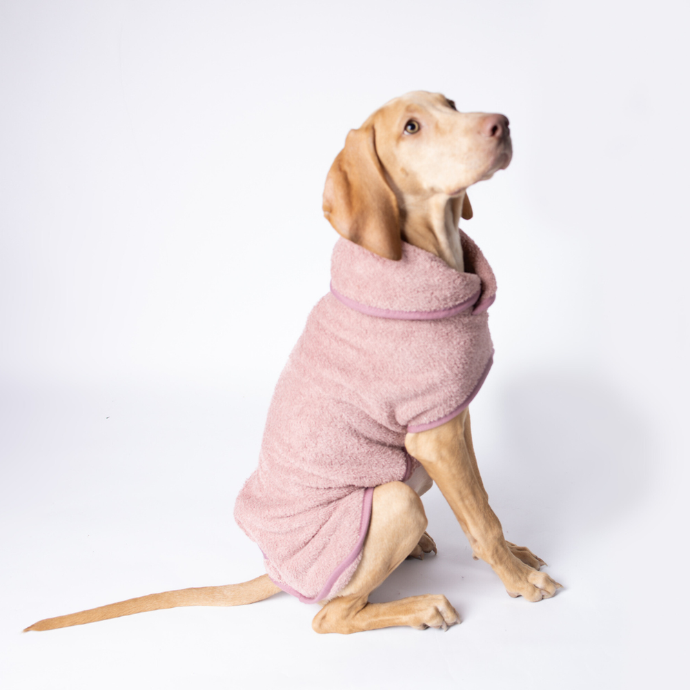 Hund im hellrosa Fleece-Bademantel Cozy Hug mit hohem Kragen, sitzt seitlich auf weißem Hintergrund.