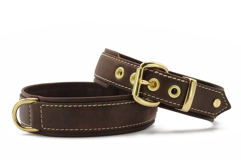 Braunes Lederhalsband mit goldfarbener Schnalle, strukturierter Oberfläche und weißer Naht für individuelle Anpassung.