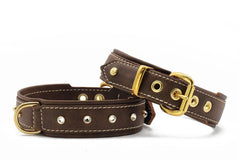 Braune Lederhalsbänder im Old English Stil mit goldenen Beschlägen und glitzernden Steinchen. Einmal mit Schnalle, einmal schlicht.