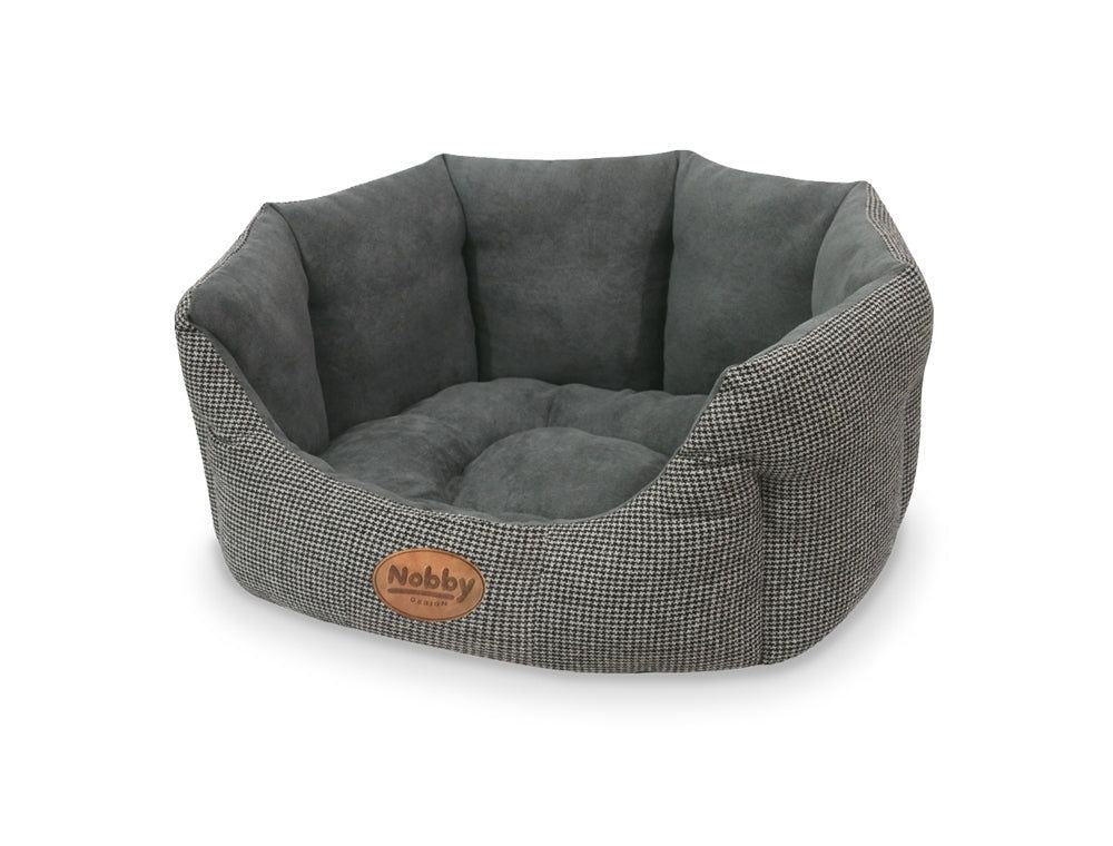 Ovales Komfortbett „JOSI“ in Braun für Hunde mit weich gepolstertem, karierten Bezug. Ideal für gemütliche Ruhephasen.