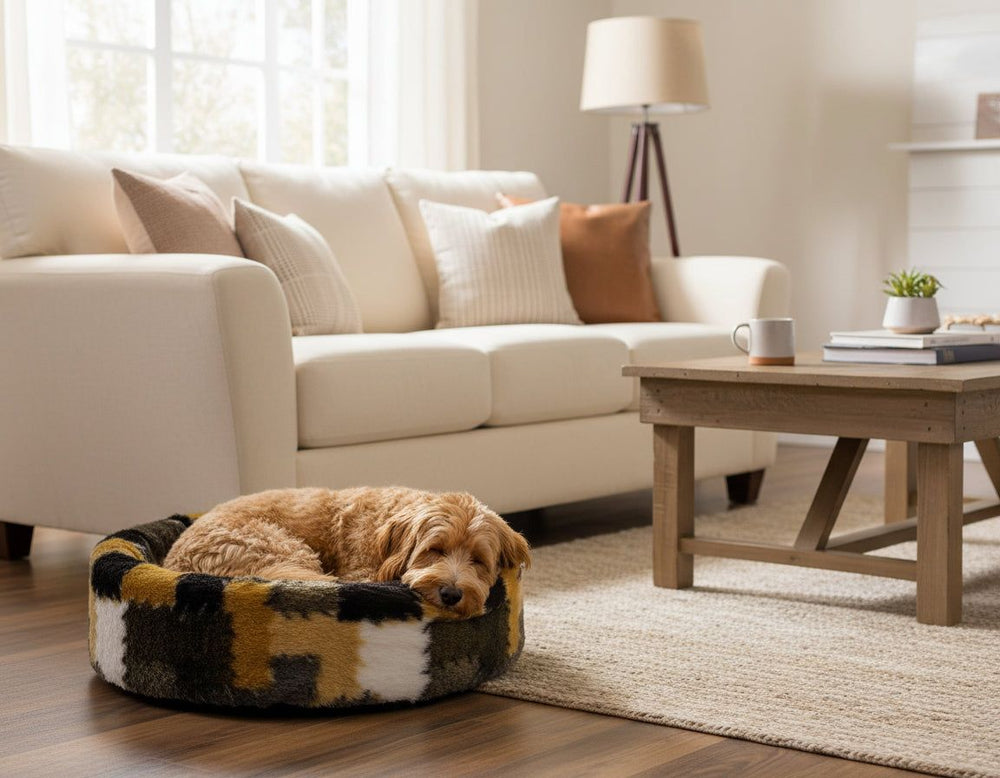 Gemütlicher Wohnraum mit beigem Sofa, Holztisch und schlafendem, braunem Hund im runden Plüschbett auf dem Boden.