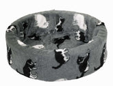 Rundes Plüschbett für Katzen mit grauem Bezug und schwarzen Katzenmotiven, hoher Rand und weiche Liegefläche.